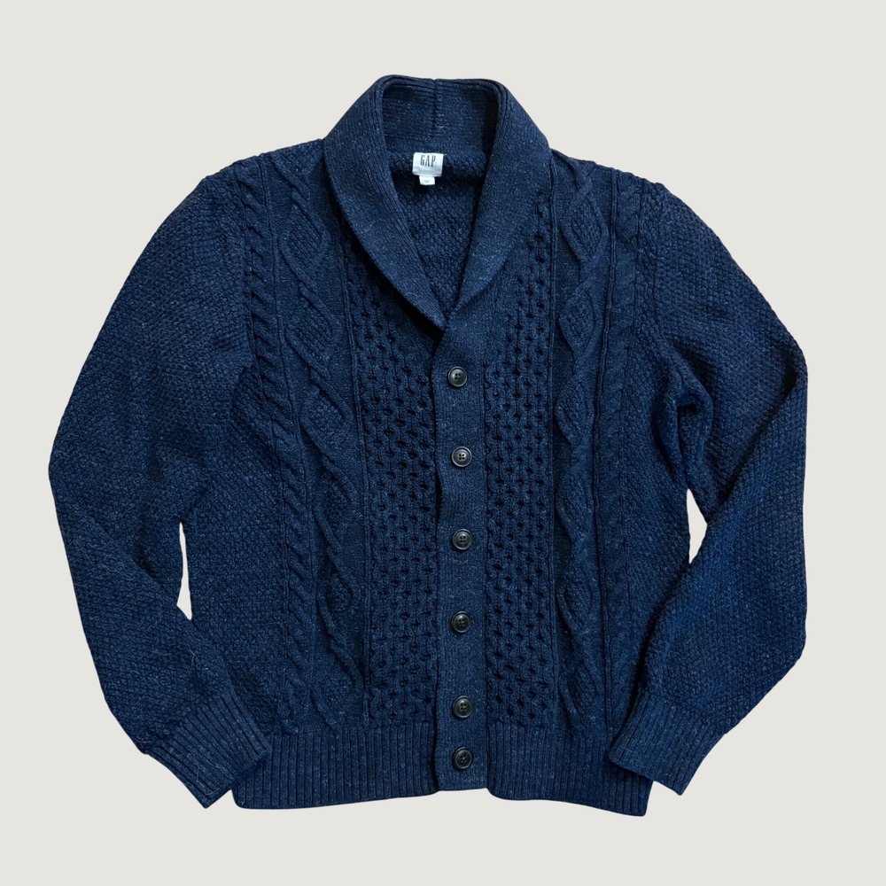 Gap Mens Navy Heather Budding Cable Knit Shawl Collar Cardigan Sweater Large L